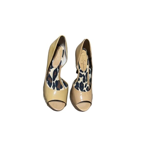 Jessica Simpson Acadia Cognac Patent Leather Peep Toe Pump Size 8.5 - Picture 1 of 6